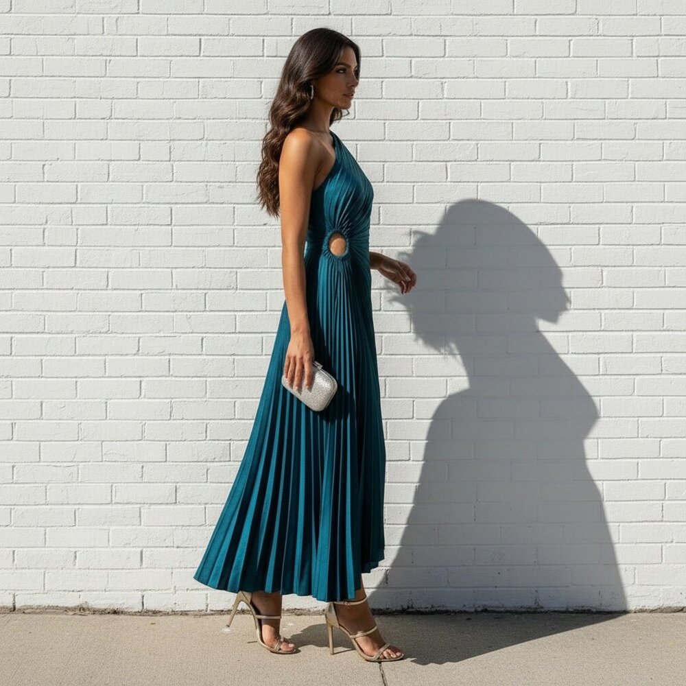 One shoulder silky pleated dress- Elegant and luxury wedding guest dress - Picture 3 of 4